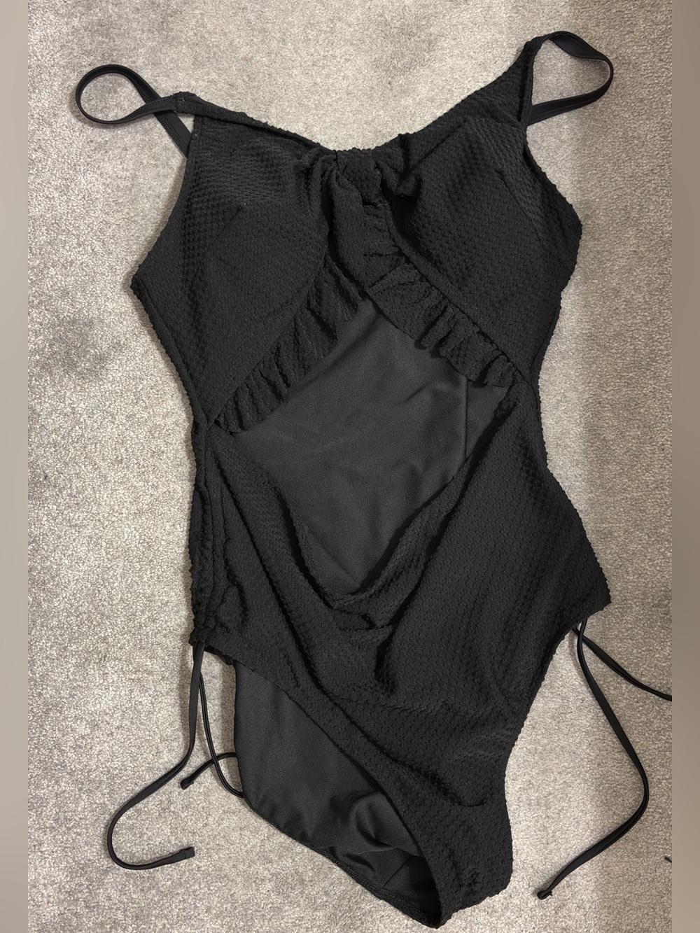 Black One-Piece Open Tummy Swimsuit with Bow Ruffle Detail